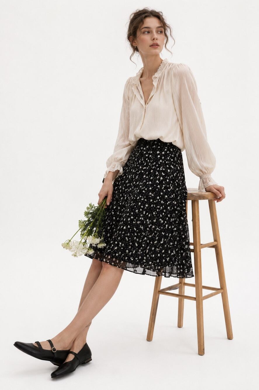 Freeport Studio Womens Knee Length Skirt Size M Black Floral Romantic Boho